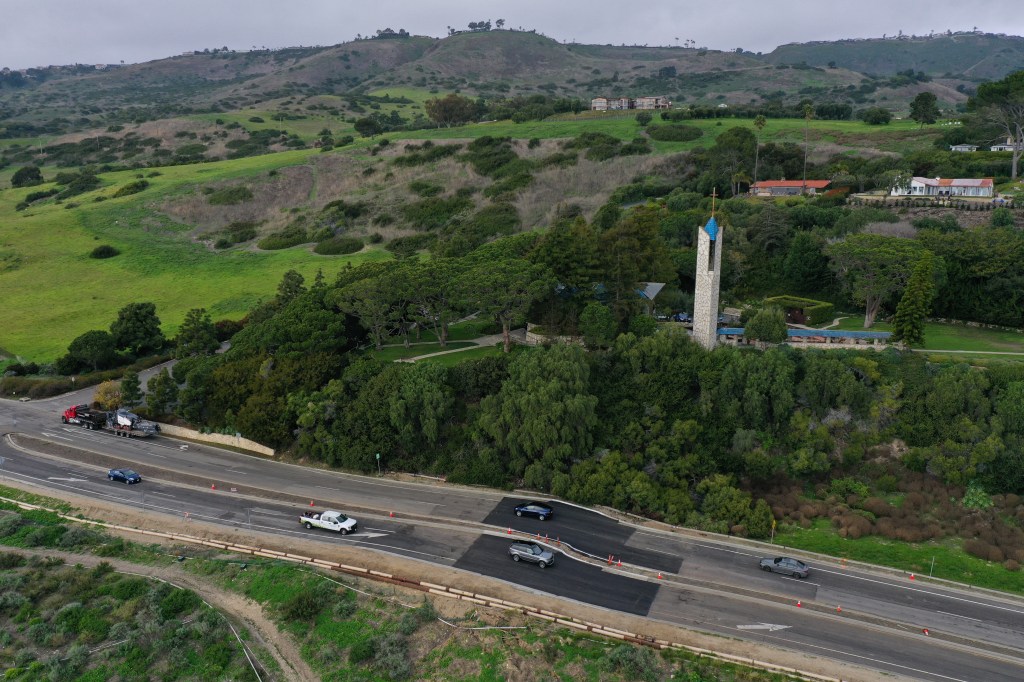 A road damaged by the storm in Rancho Palos Verdes on Feb. 16, 2024.