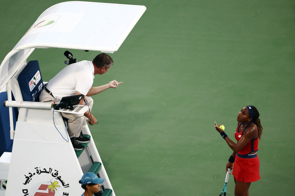 Coco Gauff argues with the umpire, pleading to speak to his supervisor after a deuce serve that was called out late.