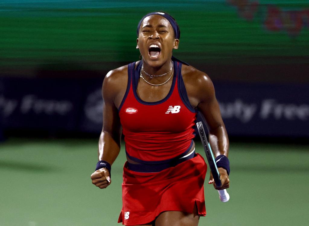 Coco Gauff of the U.S. reacts during her round of 16 match against Czech Republic's Karolina Pliskova.