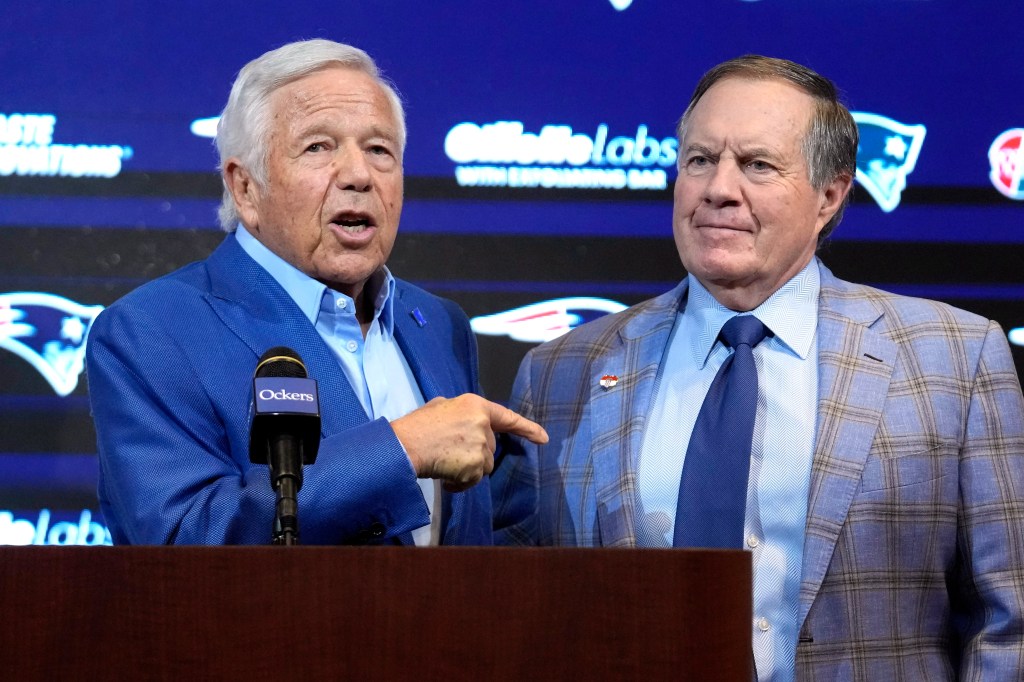 Robert Kraft (l.) and Bill Belichick (r.) during a press conference announcing Belichick's Patriots departure on Jan. 11, 2024.