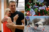 A photo of Putin foe Alexei Navalny with his wife; floral tributes to him; an image of the entrance to the penal colony where he died