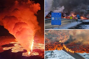 Smoke and lava pouring out of a new fissure in Iceland during volcanic eruption on February 8, 2024.