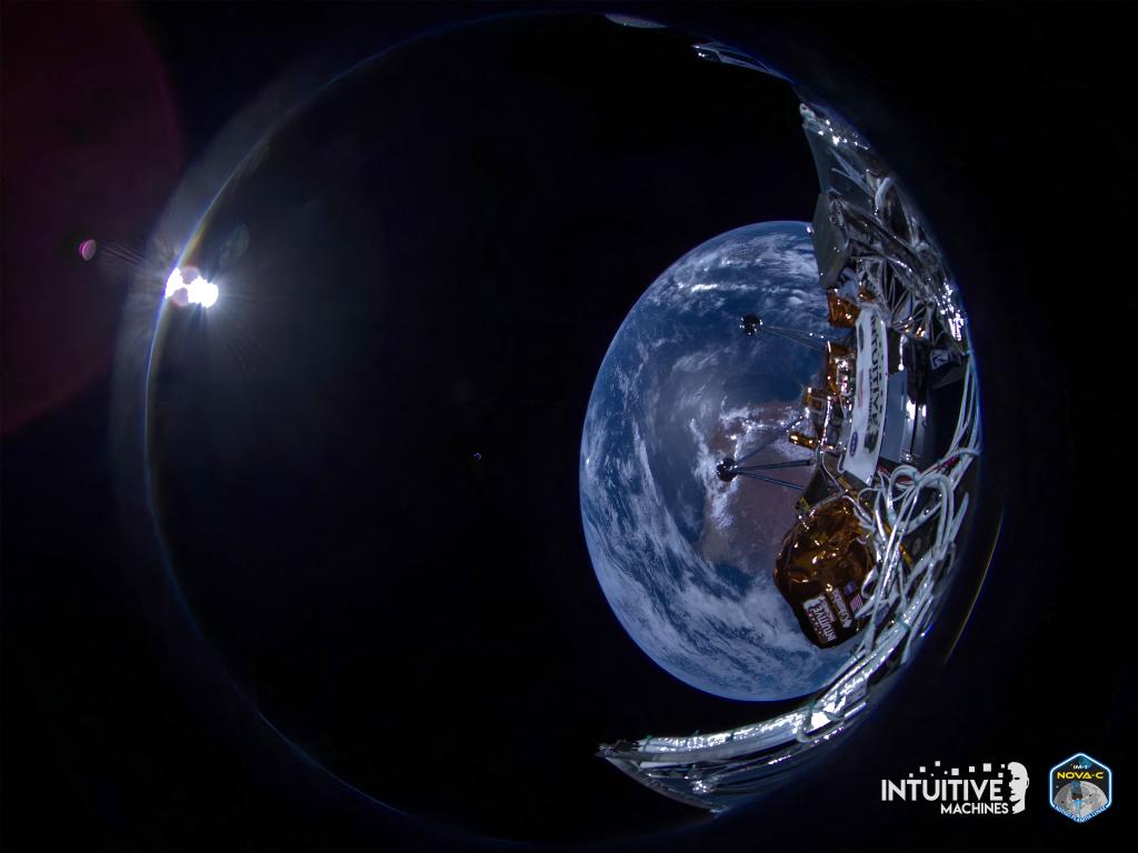 A view of the Earth and a satellite traveling towards the moon.