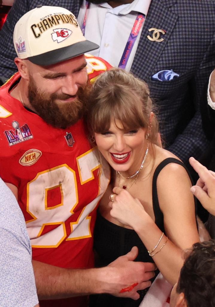 Travis Kelce and Taylor Swift celebrate the Chiefs' Super Bowl win on Feb. 11, 2024.