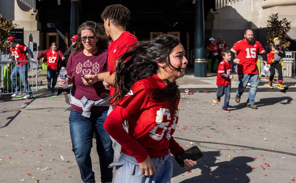 eople flee after shots were fired near the Kansas City Chiefs' Super Bowl LVIII victory parade on February 14, 2024, in Kansas City, Missouri. 