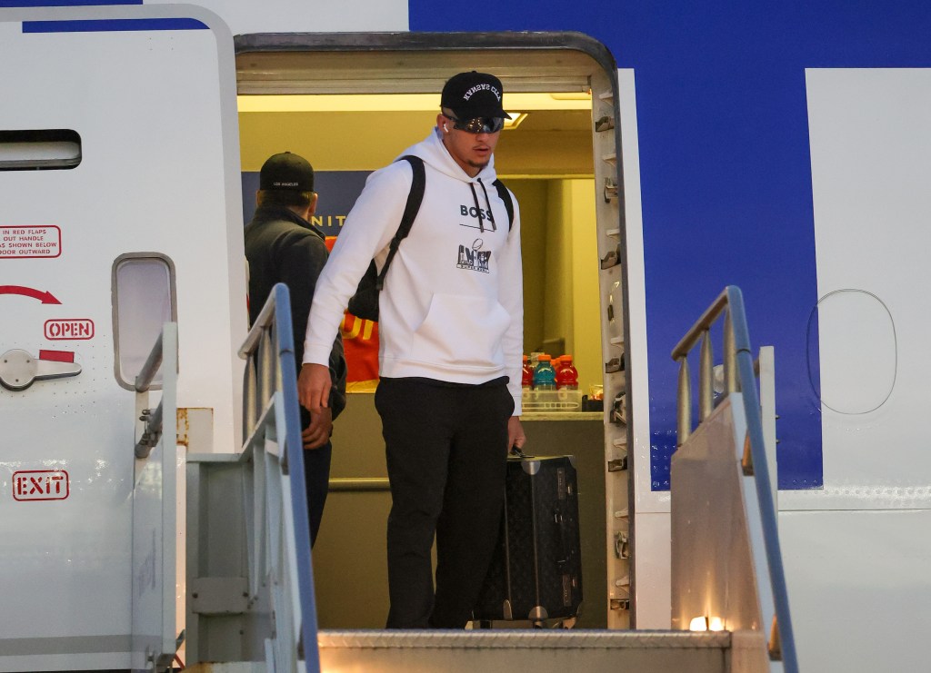 Chiefs quarterback Patrick Mahomes getting off the team plane in Las Vegas Sunday ahead of Super Bowl 2024.