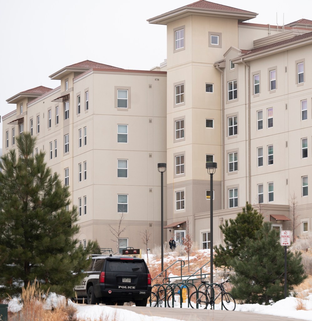 Police at the scene of where two people were found dead in a dorm room at University of Colorado at Colorado Springs on Feb. 16, 2024.