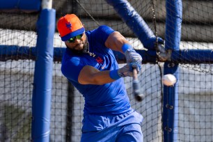 Starling Marte swings at Mets spring training on Feb. 17, 2024. 