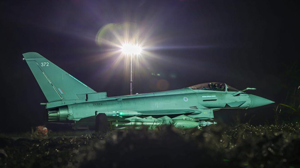 RAF Typhoon FGR4 returning to base at night after strikes against Houthi targets in Yemen