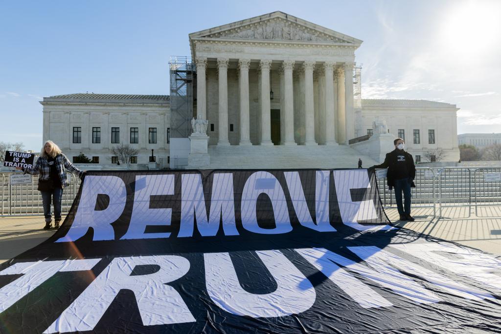 Protesters demonstrate outside of the U.S. Supreme Court on February 8, 2024 in Washington, DC.