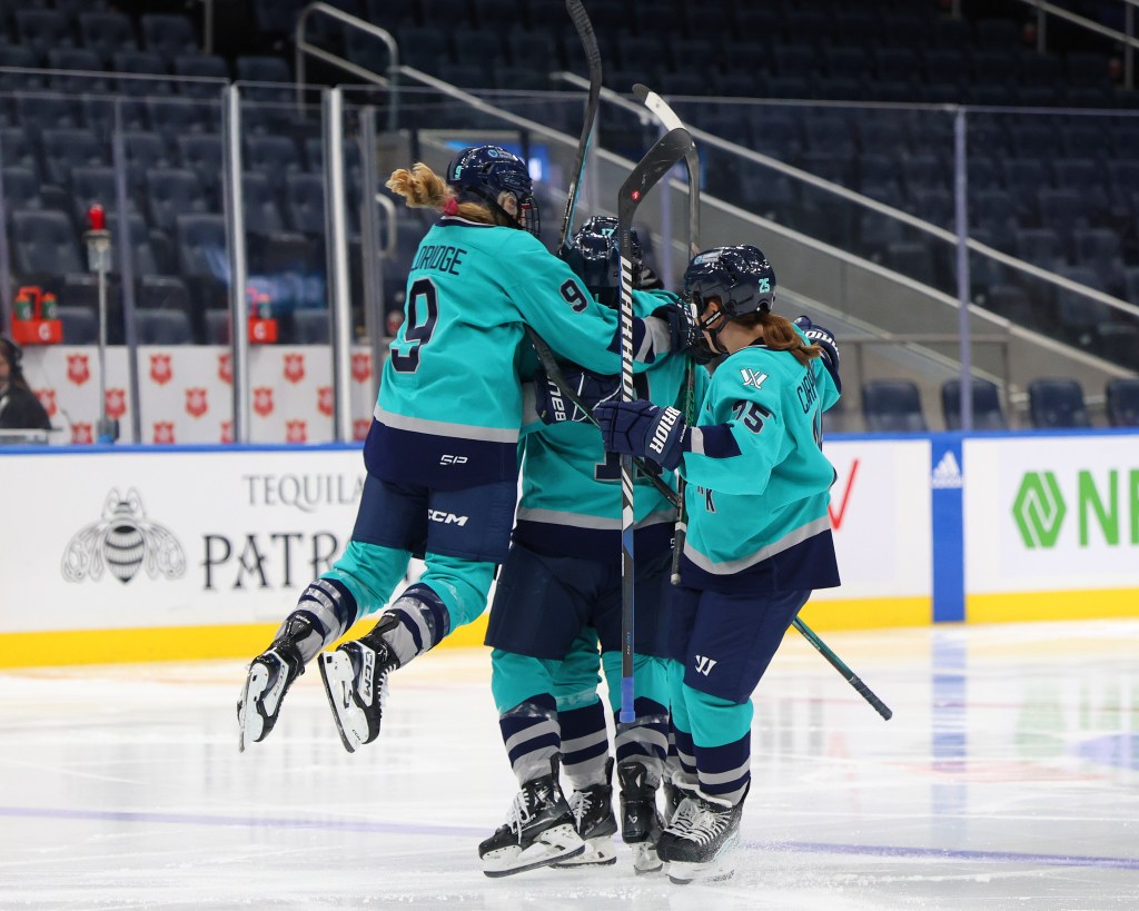 PWHL New York forward Jessie Eldridge (9) leaps into the pile when PWHL New York defender Ella Shelton (17) scored during the third period when the PWHL New York played PWHL Montreal Wednesday, January 10, 2024 at UBS Arena 