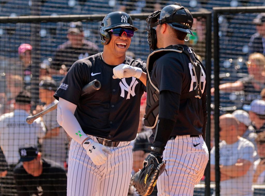 Juan Soto jokes around and pushes catcher Austin Wells during live batting practice at Steinbrenner Field, the Yankees Spring training complex in Tampa Florida.