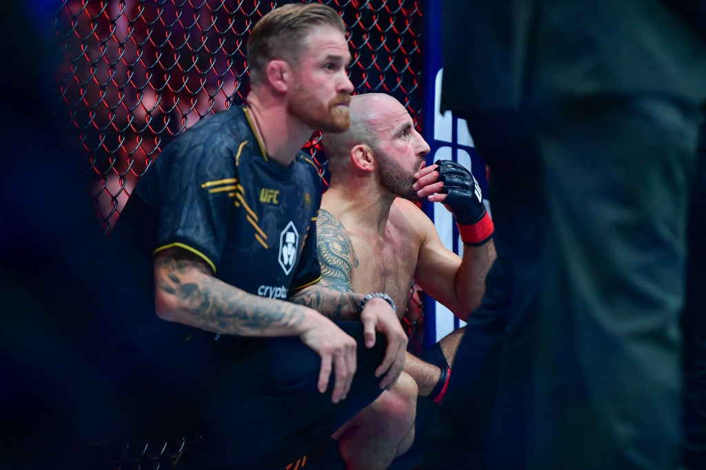 Alexander Volkanovski reacts following the loss against Ilia Topuria during UFC 298.