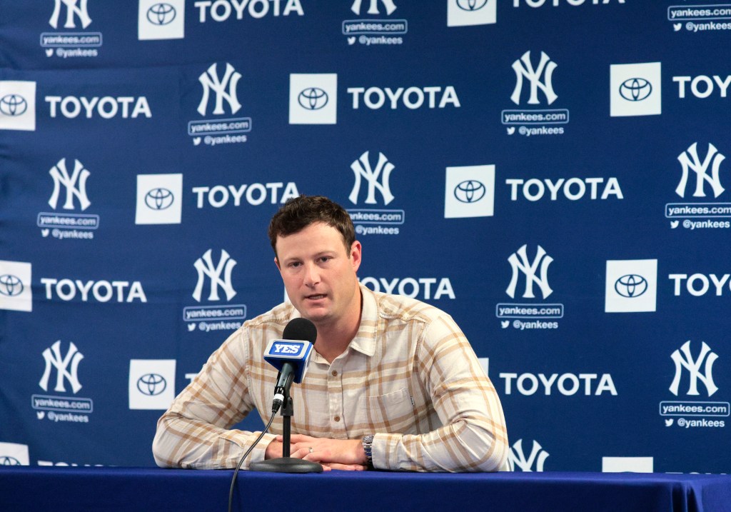 Gerrit Cole speaks to the media at Yankees spring training on Feb. 15, 2024. 