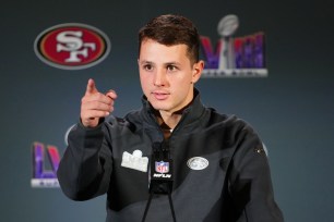 Brock Purdy #13 speaks to the media during San Francisco 49ers