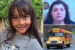 Adalynn Pierce, 8 (left), was crossing the street to get on her school bus in Georgia when troopers say Kaylee Andre (top right) tried to pass the stopped bus, with red lights and warning signs activated, and fatally struck the girl in front of her mom