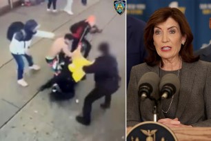 composite image of migrants beating nypd cops, and hochul on the right