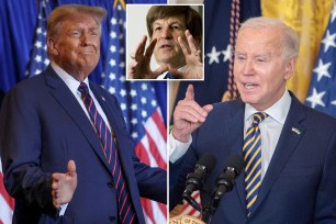 Man in a suit and tie, faces of Joe Biden, Donald Trump, and Allan Lichtman