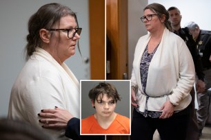 jennifer crumbley at court during the verdict reading, with her son's mugshot as inset