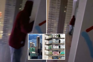 A video shows a thrill-seeking tagger (left and right) moving along the ledge of the 50th floor of an abandoned skyscraper in downtown Los Angeles during an evening rainstorm without safety harness