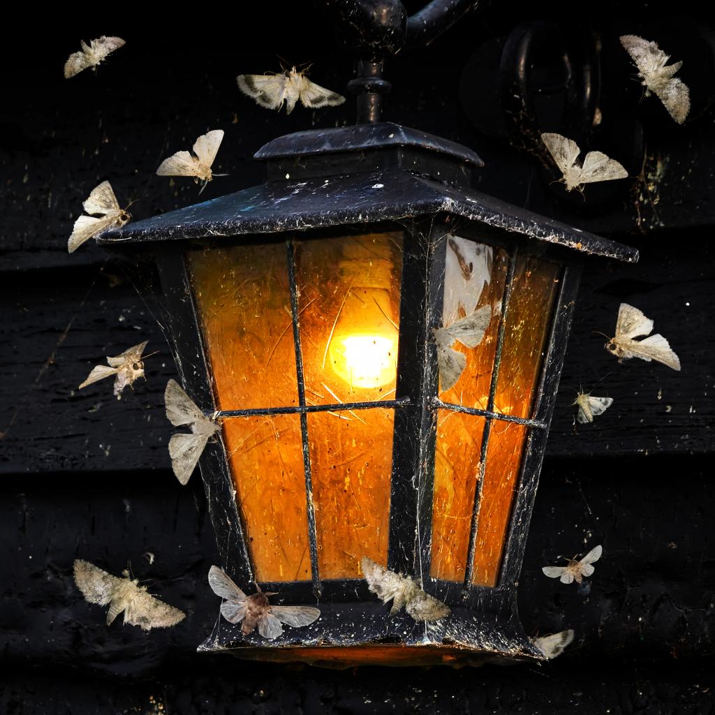 Moths fly around an illuminated lamppost. 