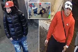 The NYPD has released surveillance photos of two migrants (left and right) wanted on assault charges in connection with the beating of two police officers in Times Square in January, which was caught on video (inset)