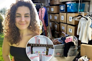 a woman smiling and a pile of clothes in a room