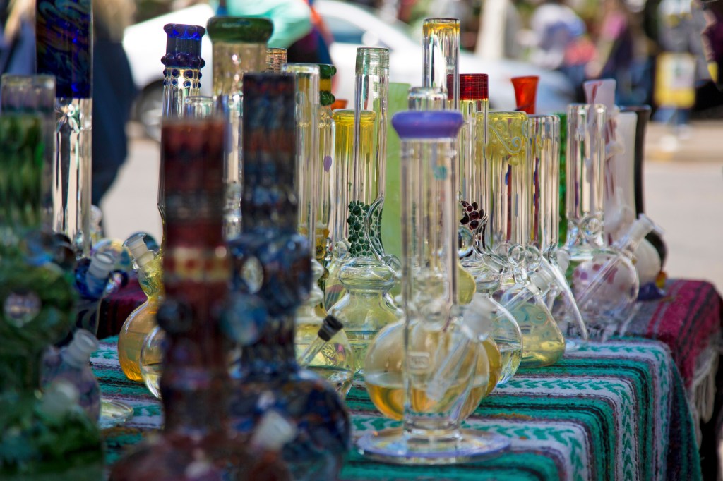 A line of bongs on display.