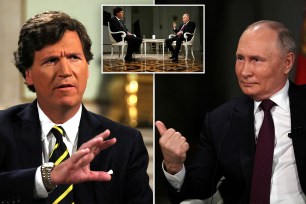 Vladimir Putin (right) complained that he did not get full satisfaction from his interview with Tucker Carlson (left) because it lacked the pointed questions for which he had been prepared