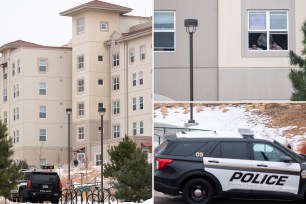 The dorm building and a police car.