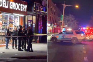 A composite photo from a shooting at Hunts Point Avenue. A photo of a deli and a police car