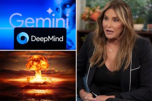 Gemini AI tool logo, top left; apocalyptic explosion seen at bottom left; Caitlyn Jenner at right seen looking surprised, speaking on TV segment