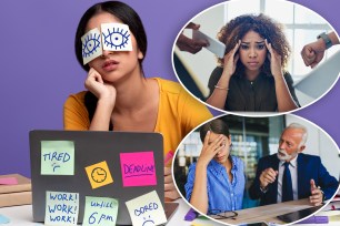(Main) Overworked Gen Z employee. (Inset: top right) Stressed young woman at work. (Inset: bottom right) Annoyed Gen Z arguing with older co-worker.
