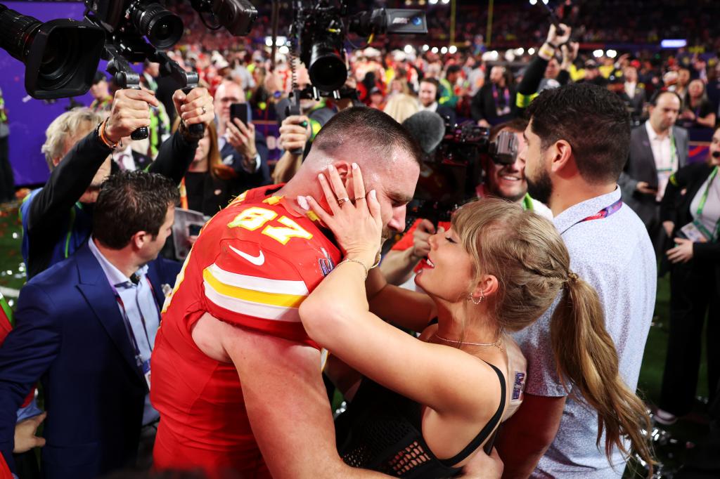 Chiefs tight end Travis Kelce and Taylor Swift embrace after Kansas City defeated the San Francisco 49ers in overtime during Super Bowl LVIII at Allegiant Stadium on Feb. 11, 2024 in Las Vegas, Nevada.