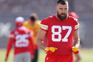 Travis Kelce at Chiefs practice on Feb. 7, 2024. 