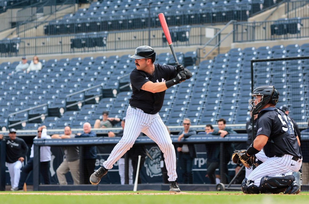 Austin Wells at bat during Yankees spring training on Feb. 16, 2024. 