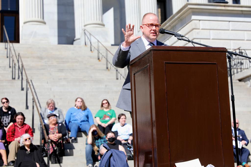 Chase Glenn, executive director of Alliance for Full Acceptance, speaking at a rally against a South Carolina bill banning gender-affirming care for minors on Feb. 14, 2024 in Columbia.