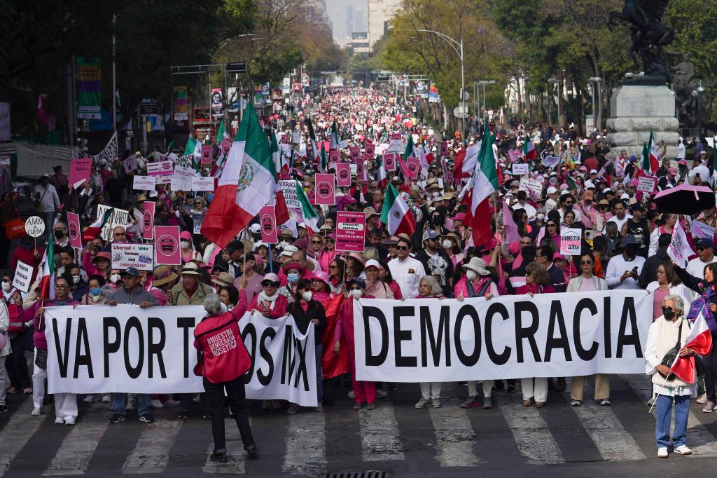 People holding signs and marching in the street; demanding autonomy for upcoming Mexican general elections. 
