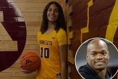 Adrian Peterson's daughter holding a basketball with a man smiling in the background.