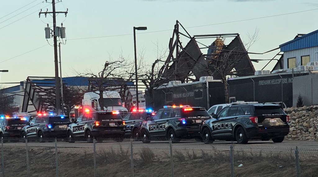 Authorities respond to the scene of a reported building collapse near the Boise Airport on Wednesday, Jan. 31, 2024, in Boise, Idaho. 