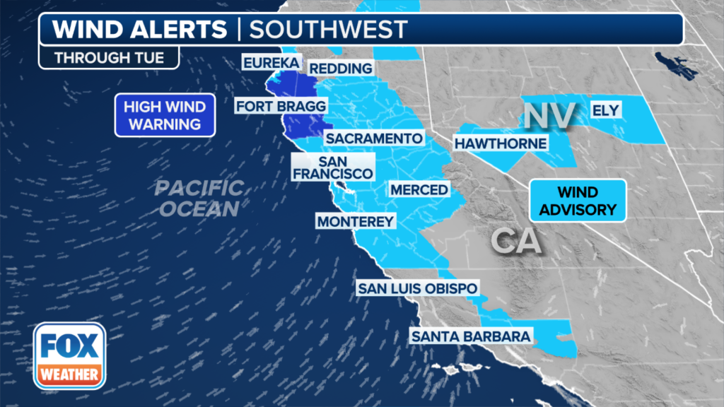 This graphic shows current wind alerts in California through Tuesday, Feb. 20, 2024.
