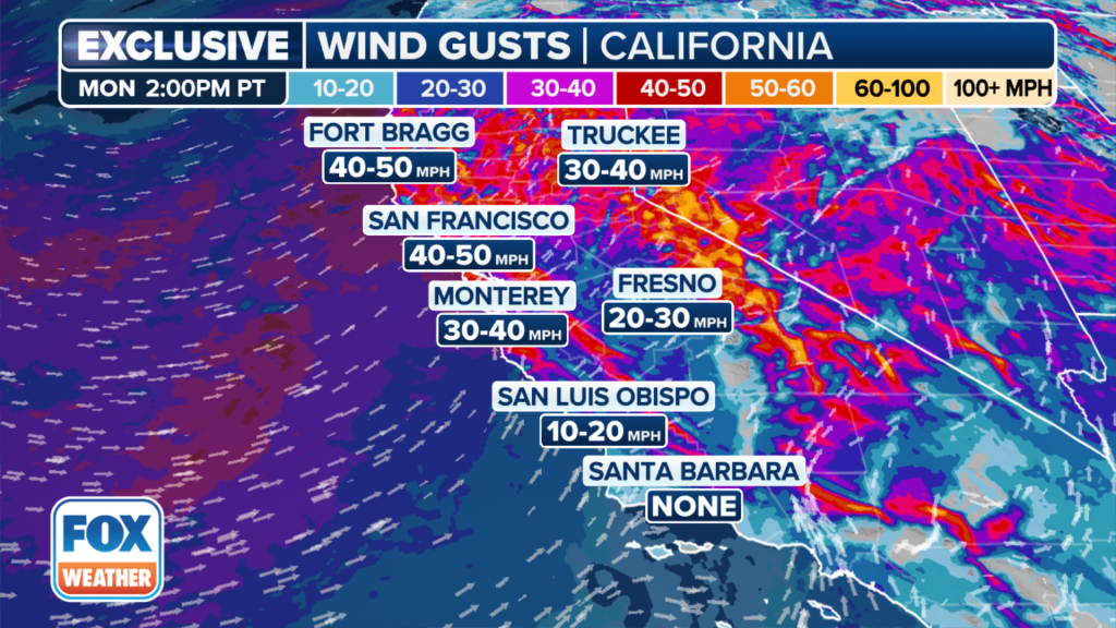 This graphic shows potential wind gusts in California at the time indicated in the upper left.