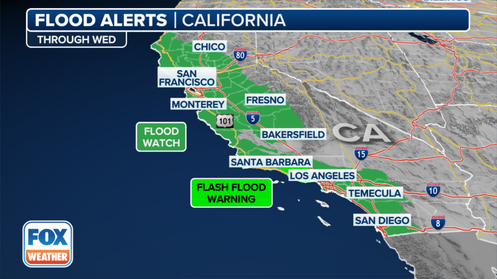 This graphic shows flood alerts in effect in California through Wednesday, Feb. 21, 2024.
