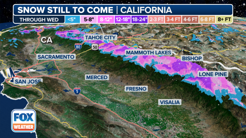 This graphic shows forecast snow totals in the Sierra Nevada through Wednesday, Feb. 21, 2024.