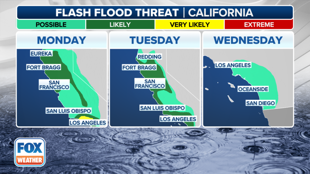 This graphic shows the flash flood threat in California through Wednesday, Feb. 21, 2024.
