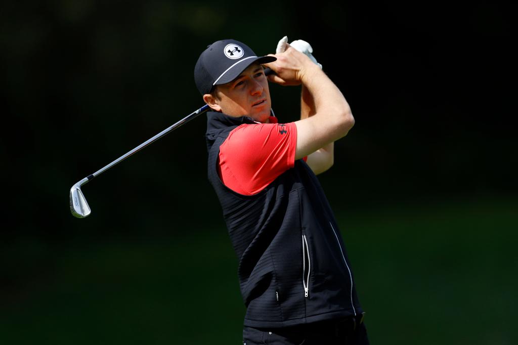 Jordan Spieth teeing off on the sixth hole during the Genesis Invitational golf tournament at Riviera Country Club in Los Angeles.