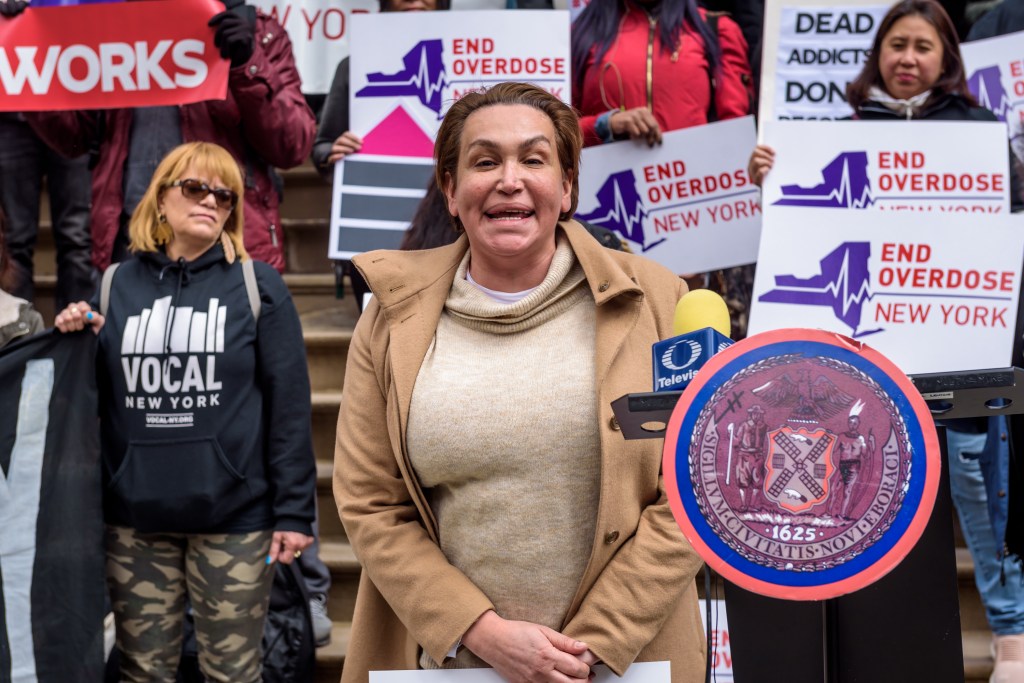 CITY HALL STEPS, NEW YORK, UNITED STATES - 2018/04/05: Cecilia Gentili, Assistant Policy Director, GMHC - Following a press conference about safe consumption spaces (also known as supervised injection facilities) on April 5, 2018; at the steps of City Hall, activists walked inside City Hall and proceeded to block the entrance hall to the Mayors offices. Carrying an "End Overdose NY" banner, activists locked arms chanting Not One More. (Photo by Erik McGregor/LightRocket via Getty Images)