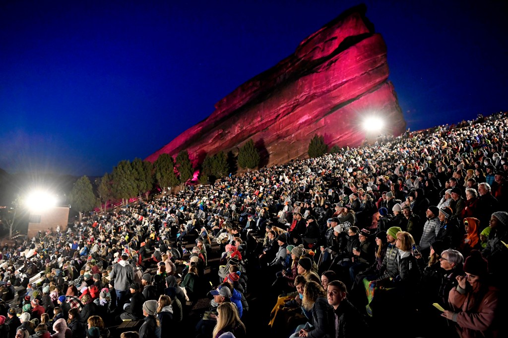 A large crowd at Red Rocks Amphitheater for an Easter Sunrise Service.