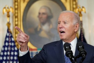 President Joe Biden delivering a speech from the White House podium on February 8, 2024.