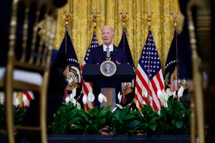 President Joe Biden speaking during an event in the East Room of the White House with governors from across the country.